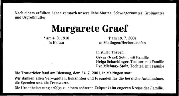 Simonis Margarete 1910-2001 Todesanzeige